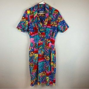 Vintage Liz Claiborne Floral Petite Short Sleeve Dress Size 10 Faux Wrap Style
